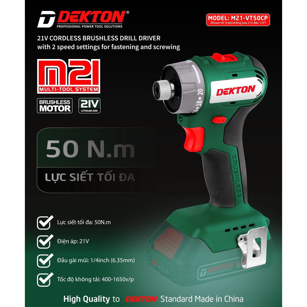 Máy Vặn Vít Dùng Pin Dekton M21-VT50CP - Chuyên vít trượt Lực Siết 50Nm - Motor Brushless