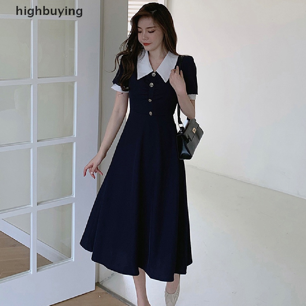 Hbvn Belle Peter Pan Đầm Midi Tay Phồng Phối Màu Thổ Cẩm Có Dây Cột Ở Giữa Bắp Chân Mùa Hè Cho Nữ