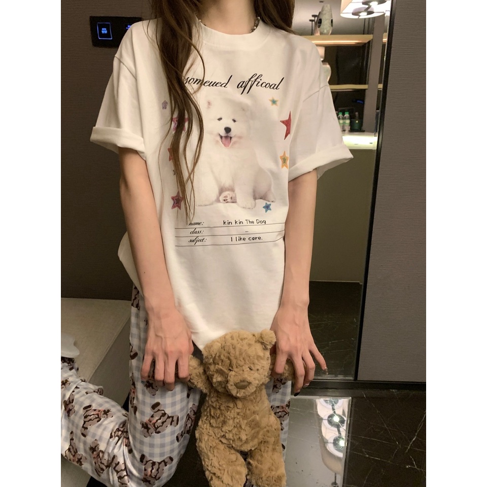 Áo Thun Ngắn Tay Dáng Rộng In Hình Mèo Dễ Thương Phong Cách Hàn Quốc Thời Trang Mùa Hè
