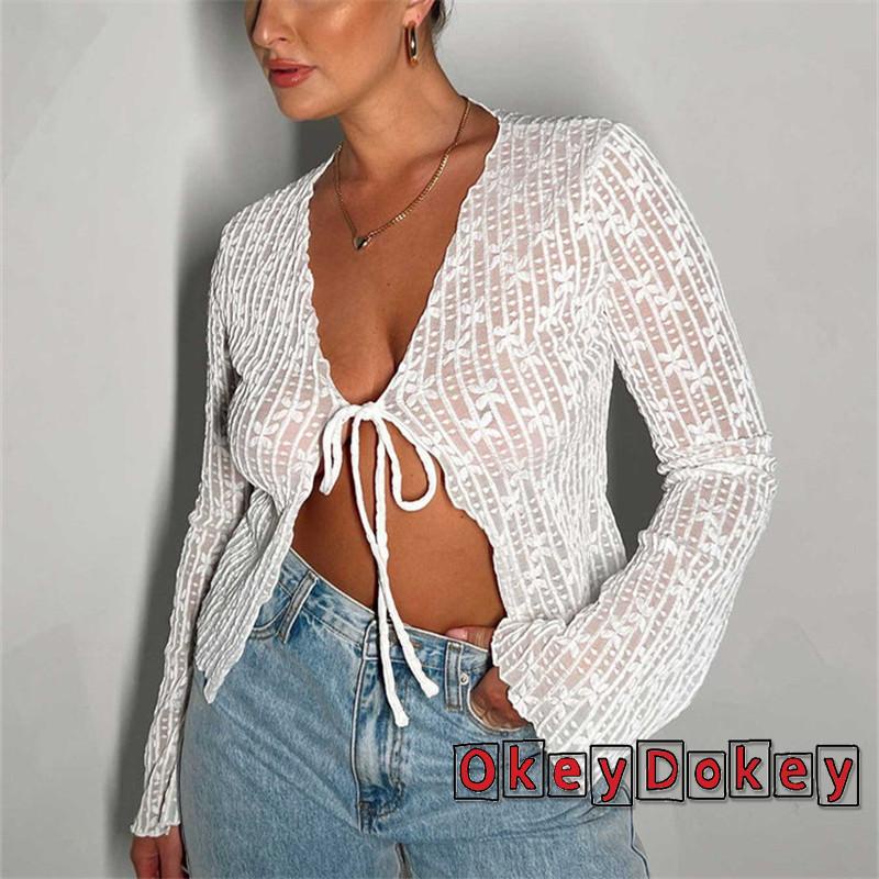 Áo Crop Top Tay Dài Cổ Chữ V Vải Sheer Buộc Dây In Họa Tiết Hoa Thời Trang Mùa Hè Cho Bạn Gái Y2K
