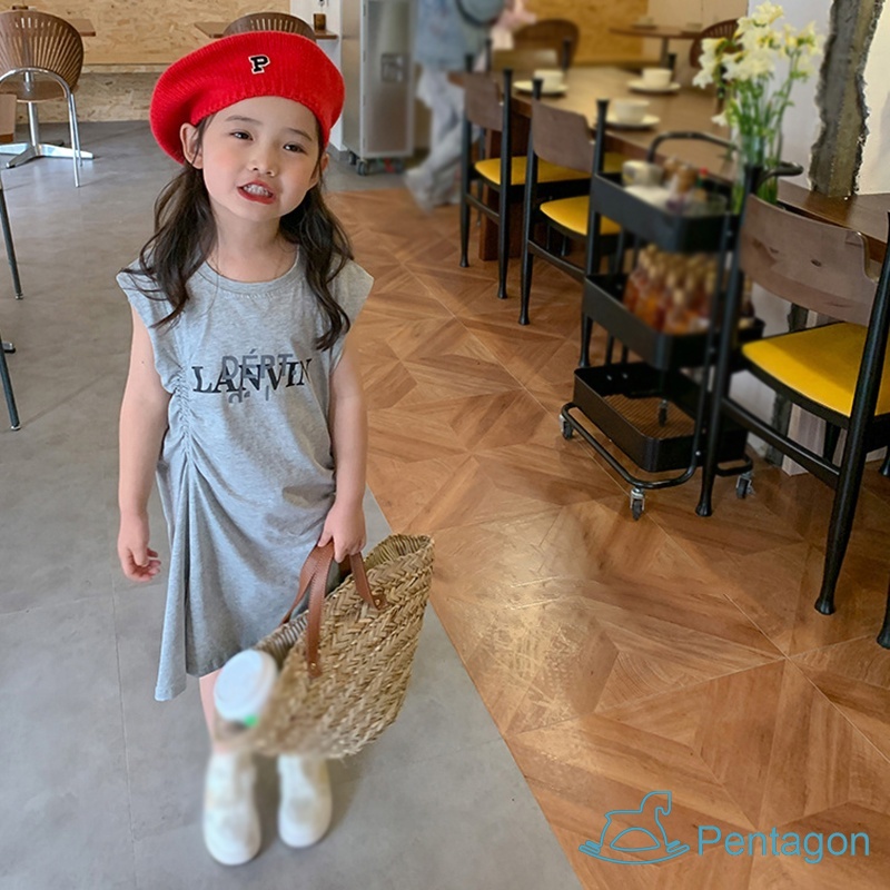 Đầm Thun Cotton Sát Nách Cổ Tròn In Chữ Thời Trang Mùa Hè Cho Bé Gái