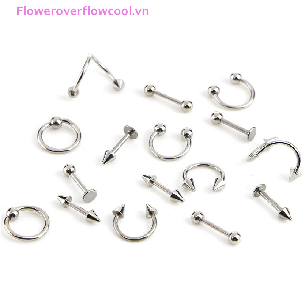 Bộ 16 Khuyên Xỏ Cơ Thể Bằng Thép Không Gỉ Hình Xoắn Ốc
