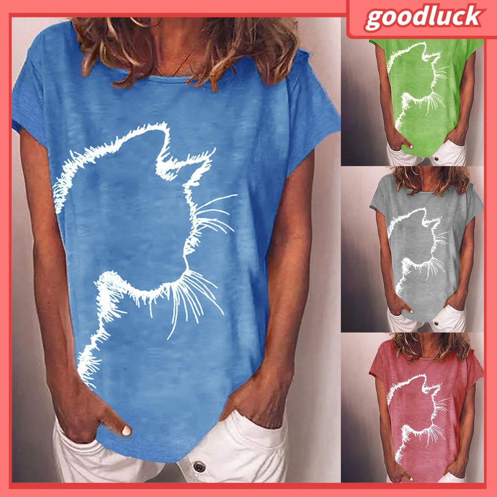 Áo Thun Tay Ngắn Cổ Tròn In Hình Mèo Thời Trang Mùa Hè Cho Nữ