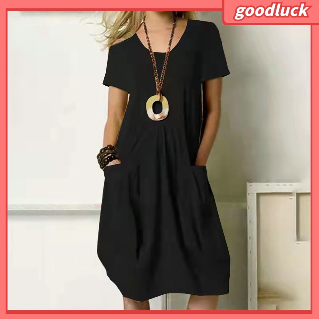 Đầm Tay Ngắn Cổ Tròn Màu Trơn Dáng Rộng Thời Trang Mùa Hè Xinh Xắn Cho Nữ