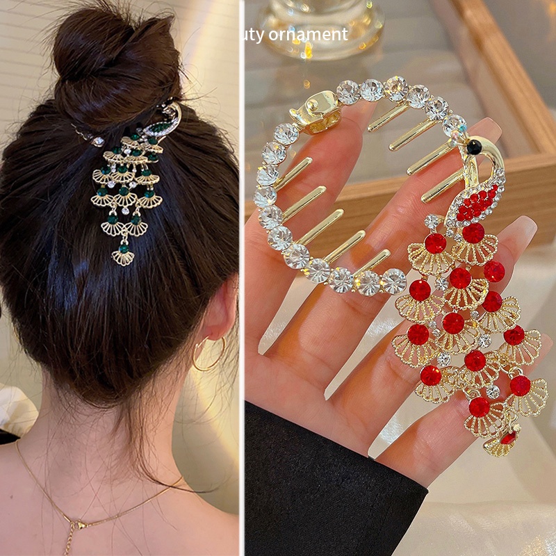 Kẹp Tóc Kim Loại Cố Định Đầu Quạt / Quả Cầu Lông Công Đính Đá Phối Tua Rua Thời Trang Cao Cấp Cho Nữ