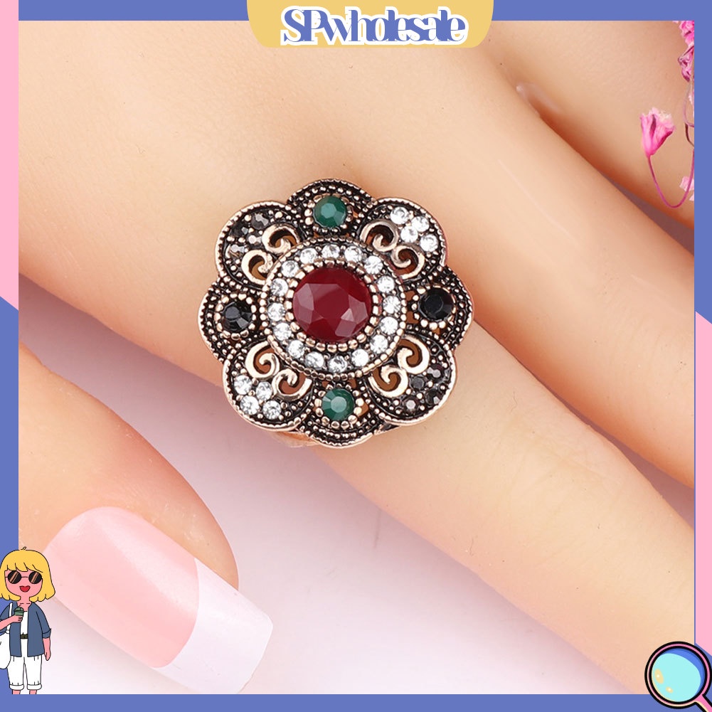 <SPwholesale> Nhẫn Đính Đá Họa Tiết Hoa Rỗng Phong Cách Vintage Cho Nữ