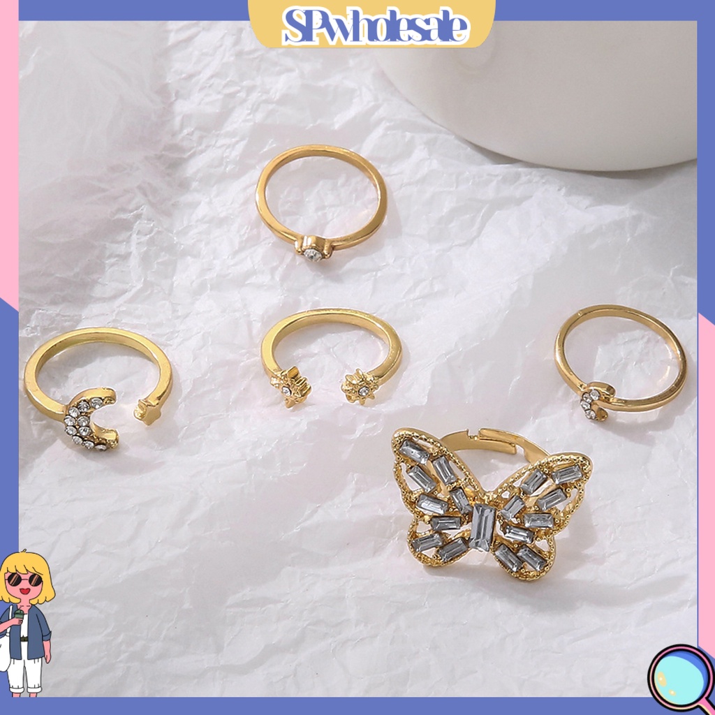 <SPwholesale> Set 5 Nhẫn Đeo Khớp Ngón Tay Họa Tiết Bướm / Mặt Trăng / Ngôi Sao Đính Đá Thời Trang
