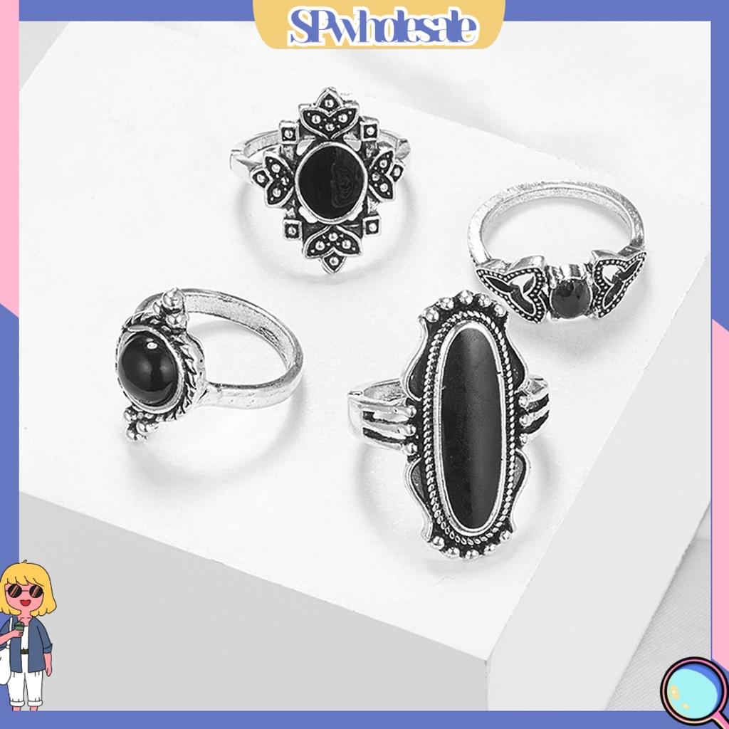 <SPwholesale> Bộ 11 Nhẫn Hợp Kim Đính Đá Nhân Tạo Màu Đen Phong Cách Bohemian