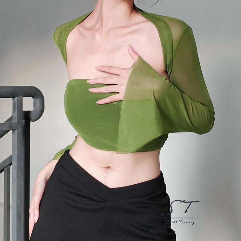 Áo Croptop Trễ Vai Không Tay Màu Trơn + Áo Lưới Dài Tay Thời Trang Đường Phố CY03