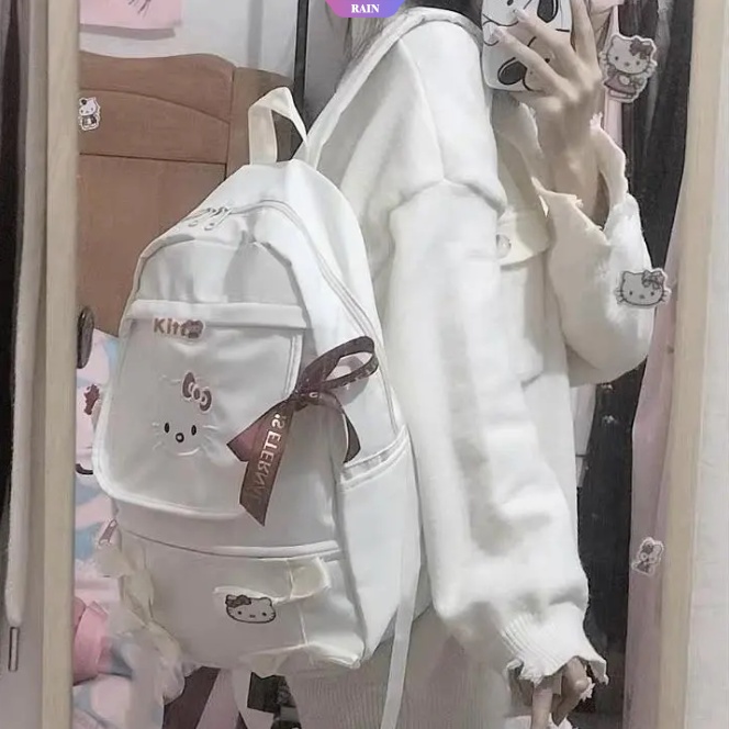 Ba Lô Vải Canvas Cỡ Lớn Có Khóa Kéo Họa Tiết Hoạt Hình Sanrio Hello Kitty Màu Trắng Cho Nữ