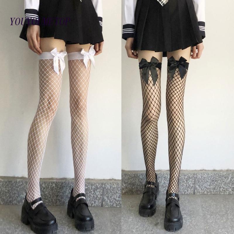 Youyo Tất Lưới Cao Qua Gối Vải Satin Đính Nơ Họa Tiết Hoạt Hình Nhật Bản Lolita Gợi Cảm Cho Nữ N