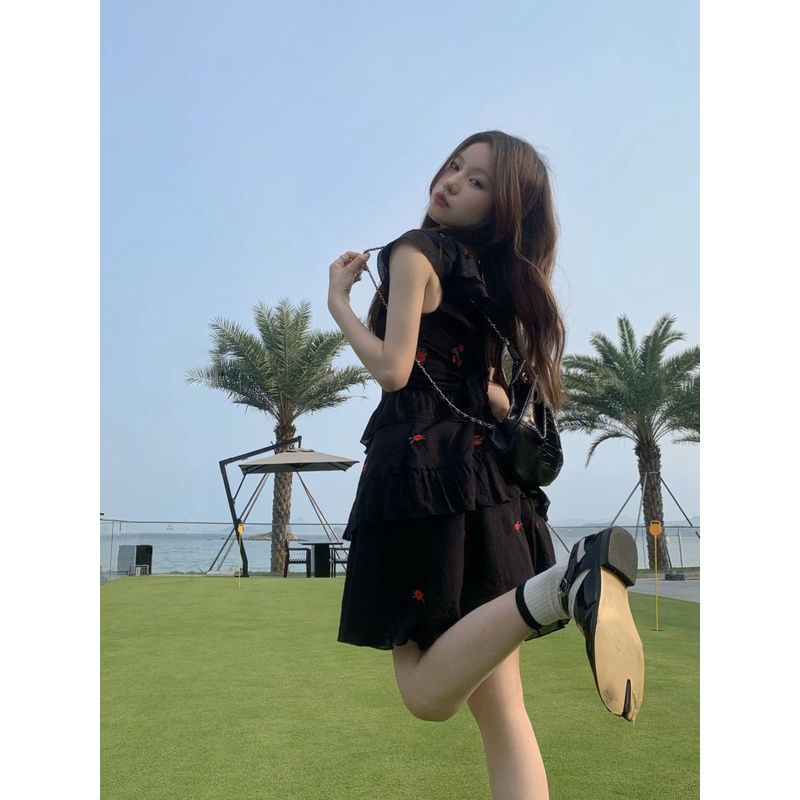 Đầm Ngắn Mùa Hè Thêu Họa Tiết Viền Bèo Thời Trang Cho Nữ