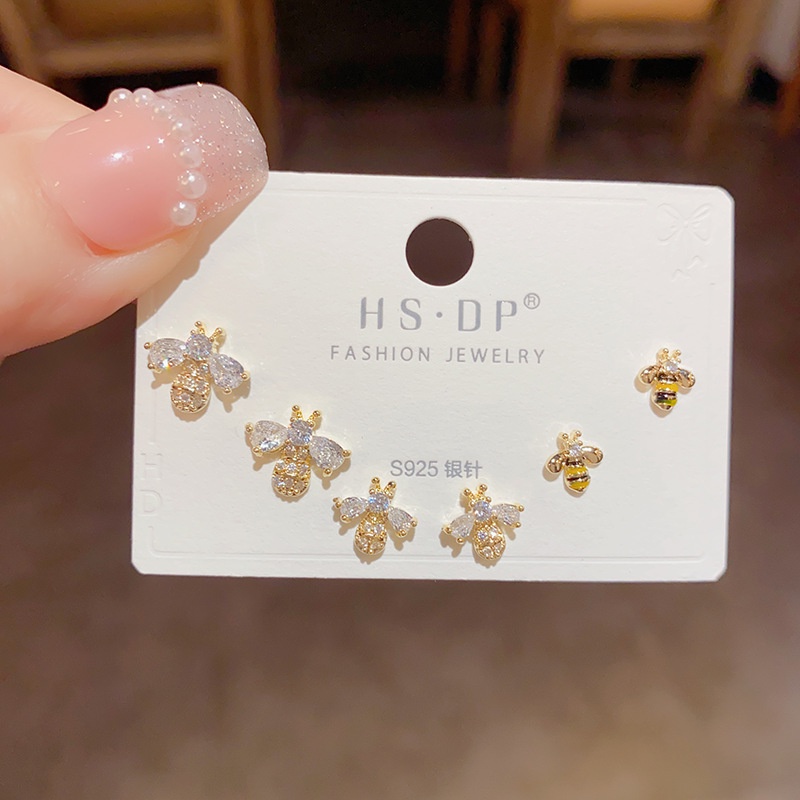 Bông Tai Ba Mảnh Hình Ong Đính Đá Zircon Độc Đáo Thời Trang