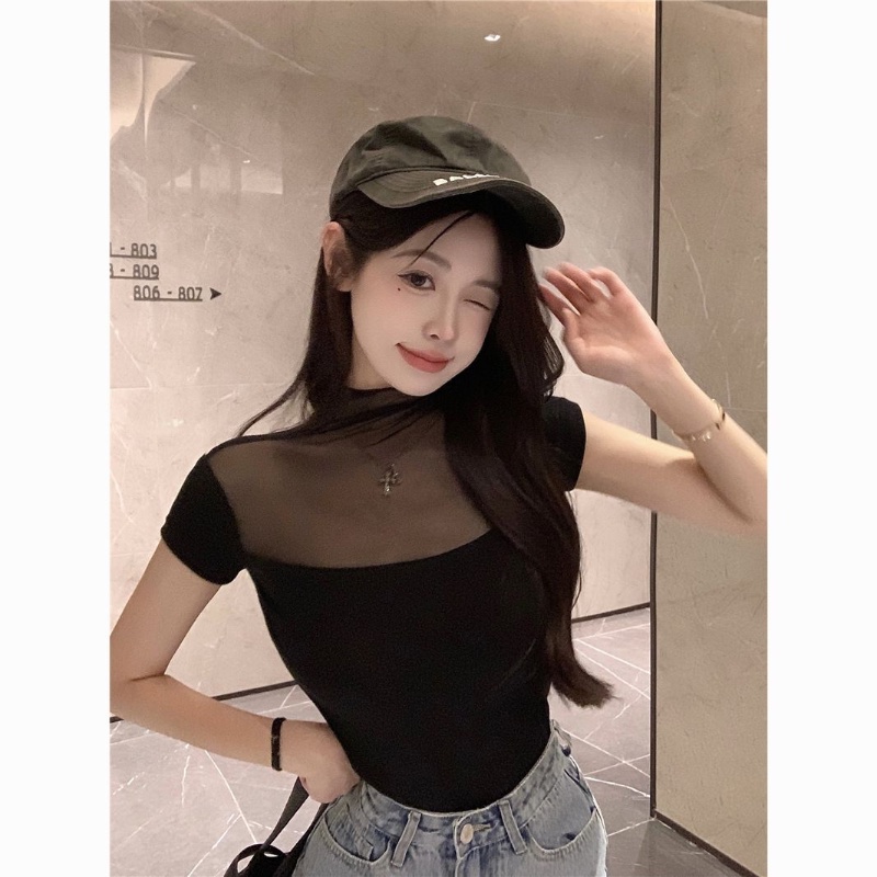 Áo thun COZOK ngắn tay cổ cao phối lưới ôm dáng gợi cảm dành cho nữ