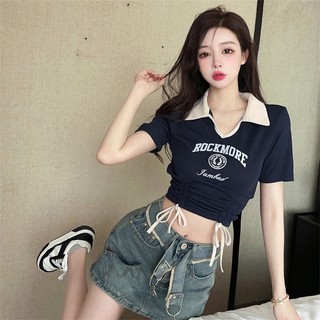 Áo Thun polo Ngắn Tay Ôm Dáng Phối Dây Rút Màu Sắc Tương Phản Phong Cách Hàn Quốc Cho Nữ