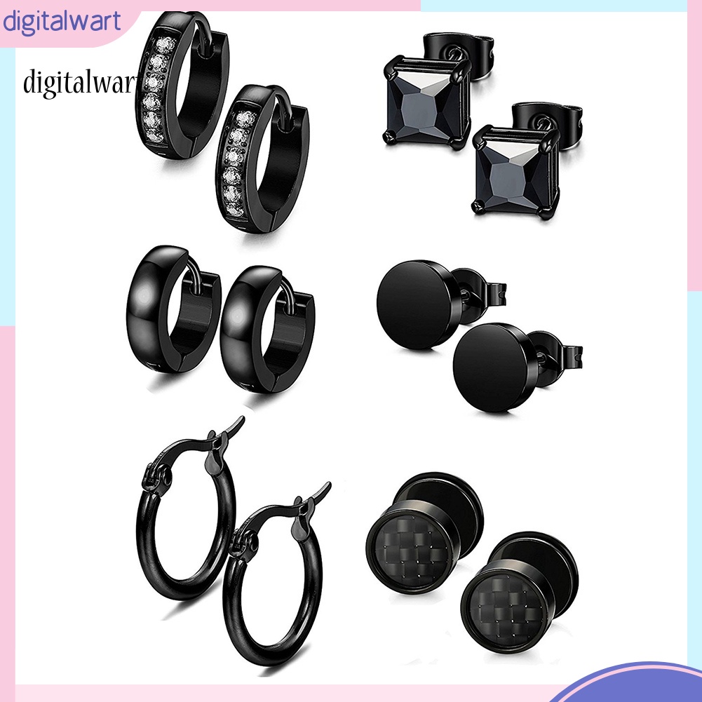 Kỹ Thuật Số| Set 6 Đôi Khuyên Tai Thép Không Gỉ Đính Đá Thời Trang Unisex