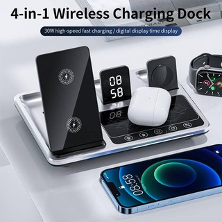 Đế Sạc Nhanh Không Dây 4 Trong 1 Kiêm Đồng Hồ Báo Thức Cho iwatch airpods pro iphone 15 14 13 12 pro max