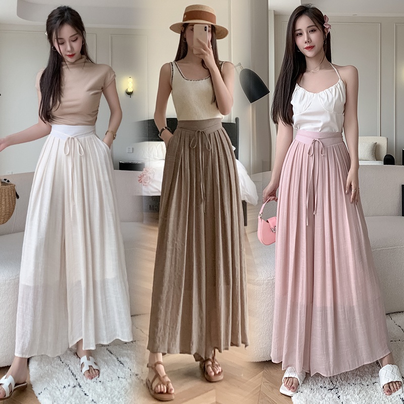 SUXI Quần Dài Ống Rộng Lưng Cao Co Giãn Màu Sắc Đơn Giản Dành Cho Nữ