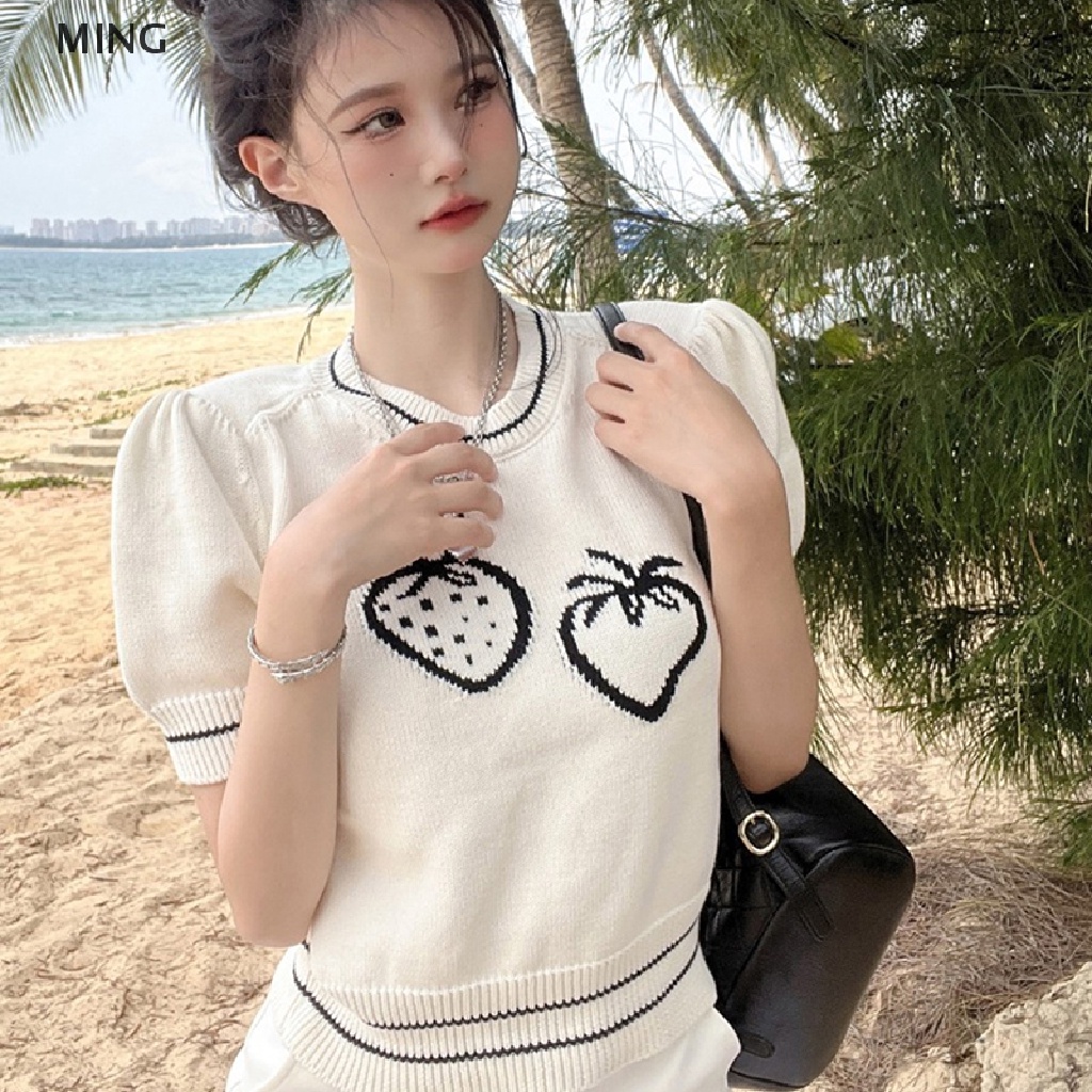 Áo Thun Dệt Kim Tay Ngắn Cổ Tròn In Hình Dâu Tây Phong Cách Retro Dành Cho Nữ