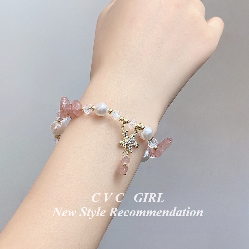 Vòng Tay Đính Pha Lê Dâu Tây / Sao Biển / Hoa Đào Đính Hạt Ngọc Trai Thời Trang Cho Nữ