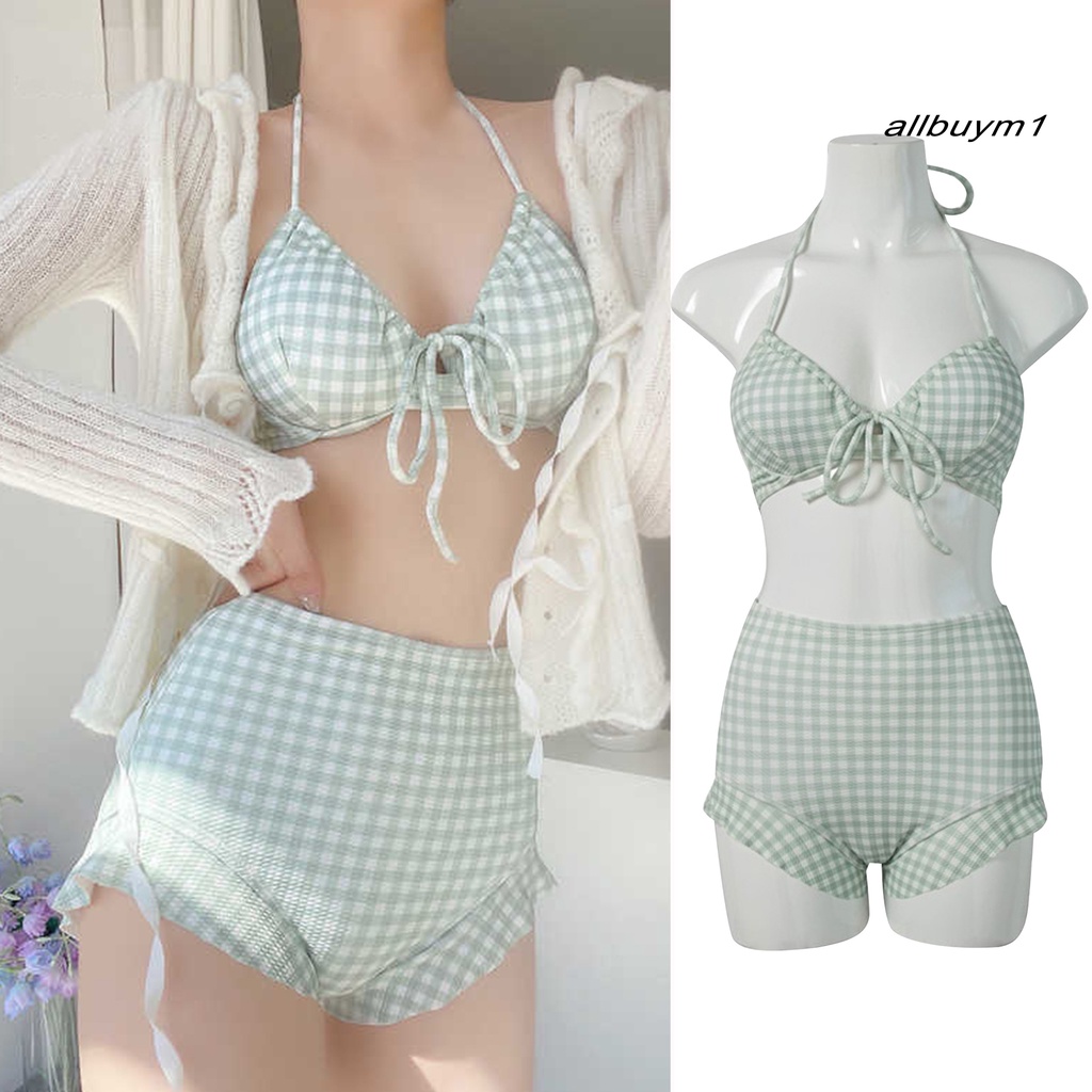 Bộ Đồ Bơi 2 Mảnh Gồm Áo Cổ Yếm In Họa Tiết Kẻ Sọc + Quần Lưng Cao Màu Sắc Tương Phản Thời Trang Cho Nữ