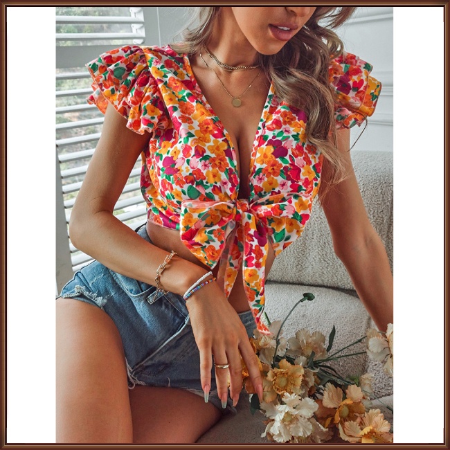 Áo Croptop Chiffon Tay Ngắn Dáng Rộng In Họa Tiết Hoa Đính Nơ Thời Trang Mùa Hè Xinh Xắn Cho Nữ