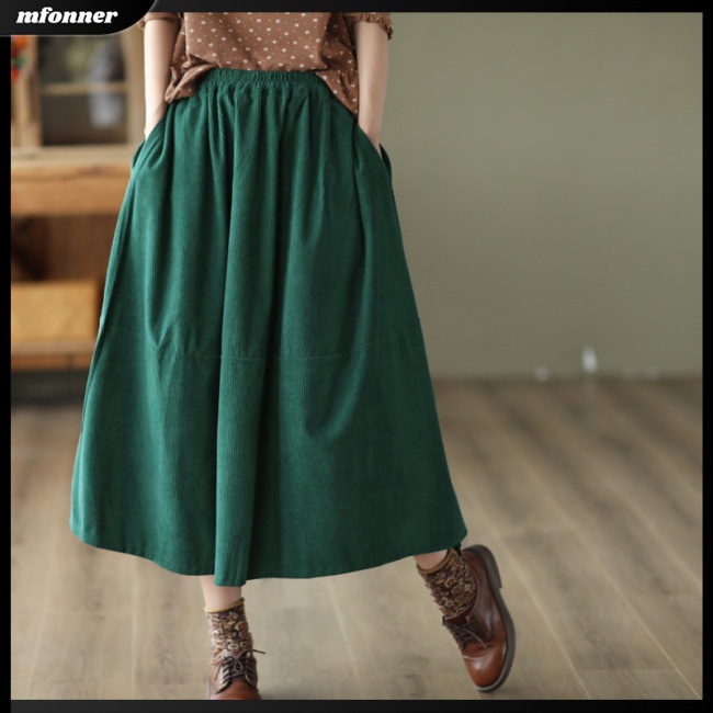 Chân Váy Xòe Dài Trung Bình Bằng Vải Nhung Kẻ Màu Sắc Trơn Giữ Ấm Thanh Lịch Dành Cho Nữ