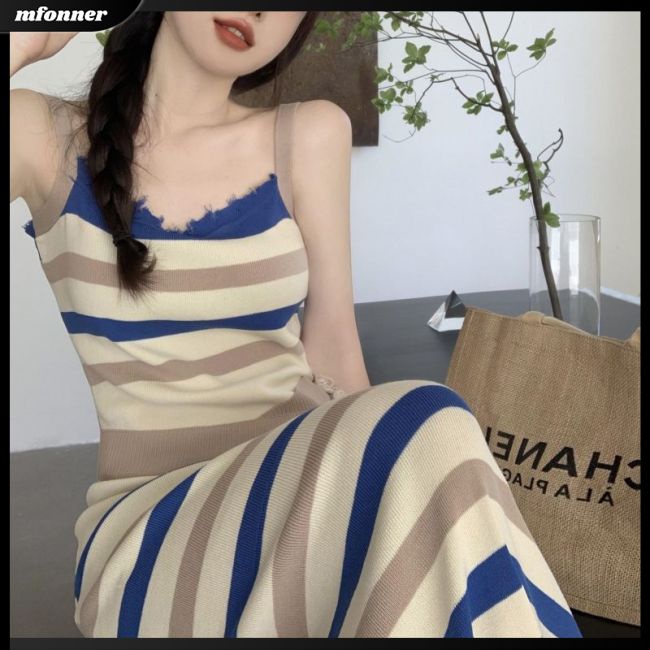 Đầm Dệt Kim Không Tay Màu Sắc Tương Phản Phong Cách Retro Dành Cho Nữ