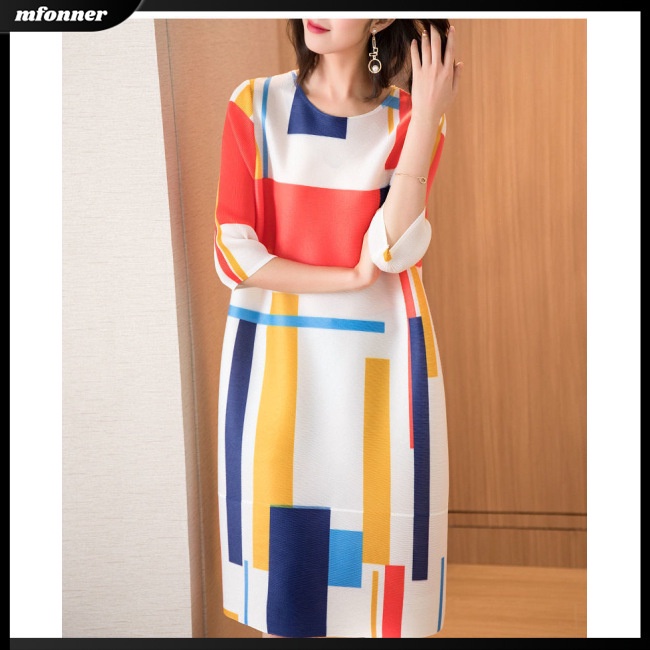 Đầm Midi Cổ Tròn Tay Lỡ Dáng Rộng In Họa Tiết Thời Trang Mùa Hè Xinh Xắn Cho Nữ