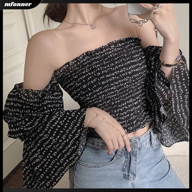 Áo Kiểu Trễ Vai Tay Ngắn Phồng In Chữ Thời Trang Mùa Hè Quyến Rũ Cho Nữ