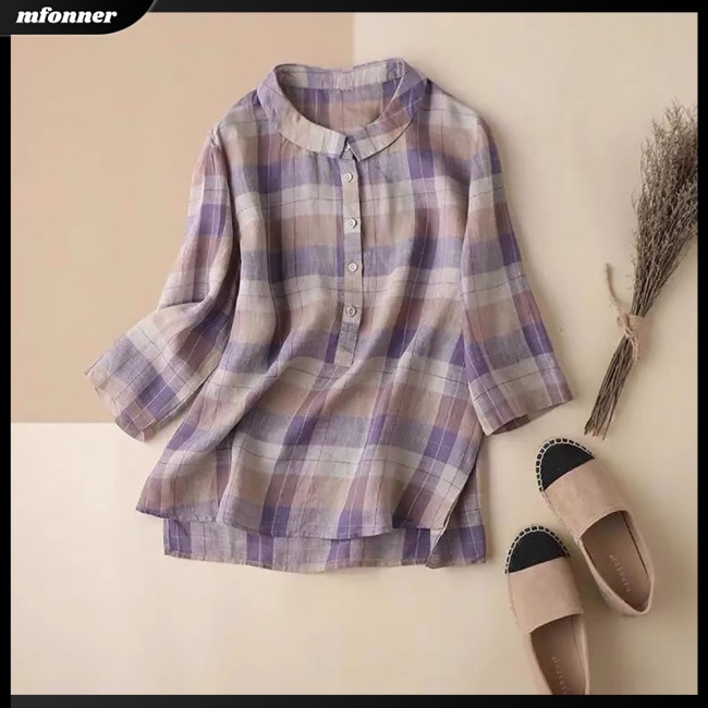 Áo Sơ Mi Cotton Lanh Dáng Rộng Cổ Đứng Tay Ngắn In Họa Tiết Kẻ Sọc Thời Trang Mùa Hè Cho Nữ