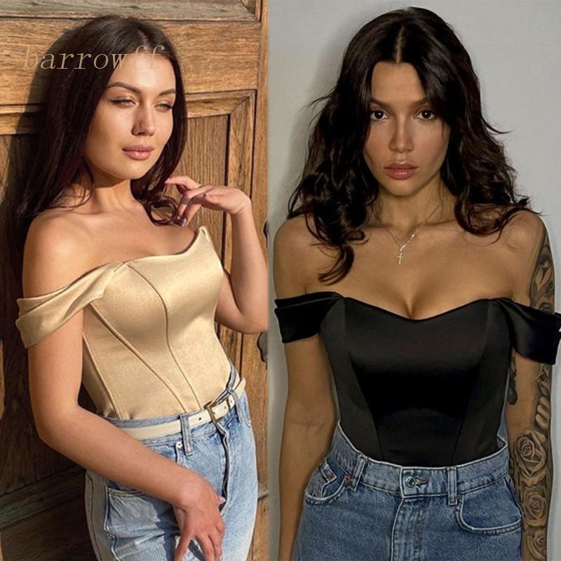 Brroa Áo Croptop Trễ Vai Tay Ngắn Màu Trơn Bằng Satin Viền Cong Hình Xương Cá Ôm Dáng Gợi Cảm Cho Nữ