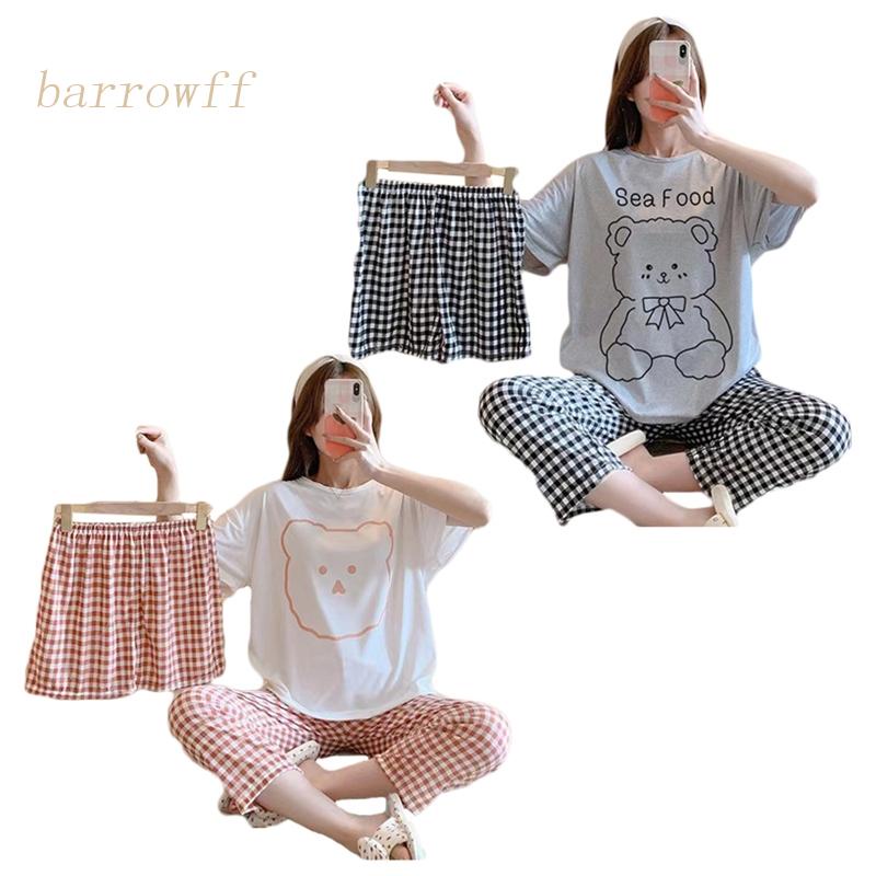 Set Đồ Ngủ 3 Món Gồm Áo Thun Tay Cộc In Họa Tiết Kẻ Sọc / Quần Đùi / Áo Thun In Hình Gấu Dễ Thương Cho Nữ