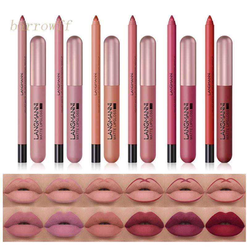 Set 12 Son Kem Lì Và Chì Kẻ Viền Môi Trang Điểm Lâu Trôi Không Thấm Nước brroa