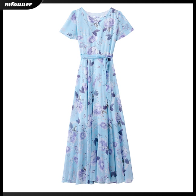 Đầm Tay Ngắn Cổ Tròn In Hoa Thời Trang Mùa Hè Xinh Xắn Cho Nữ