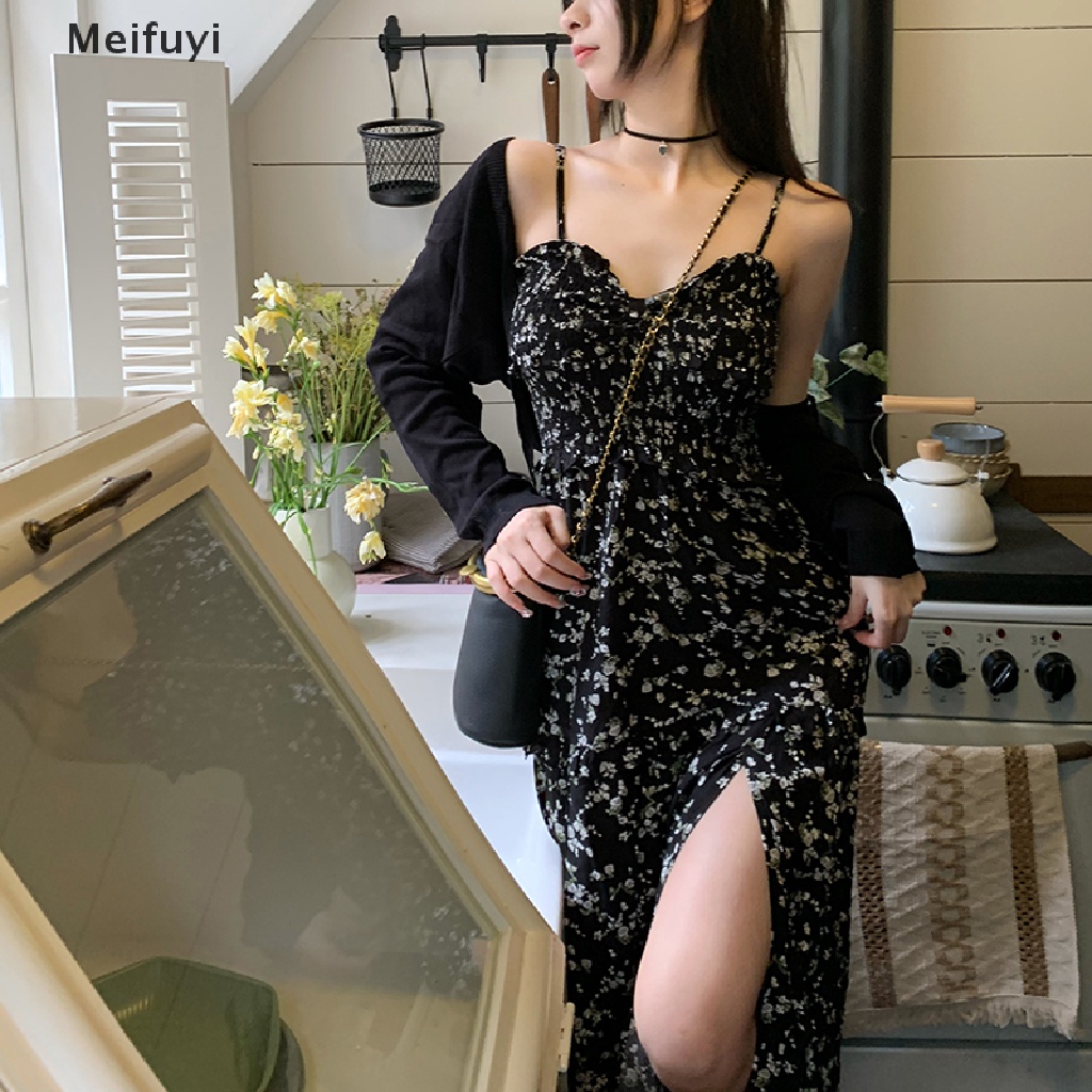 Đầm Hai Dây Cổ Chữ V Hở Lưng Màu Đen In Họa Tiết Hoa Thời Trang Đi Biển Mùa Hè Cho Bạn Gái