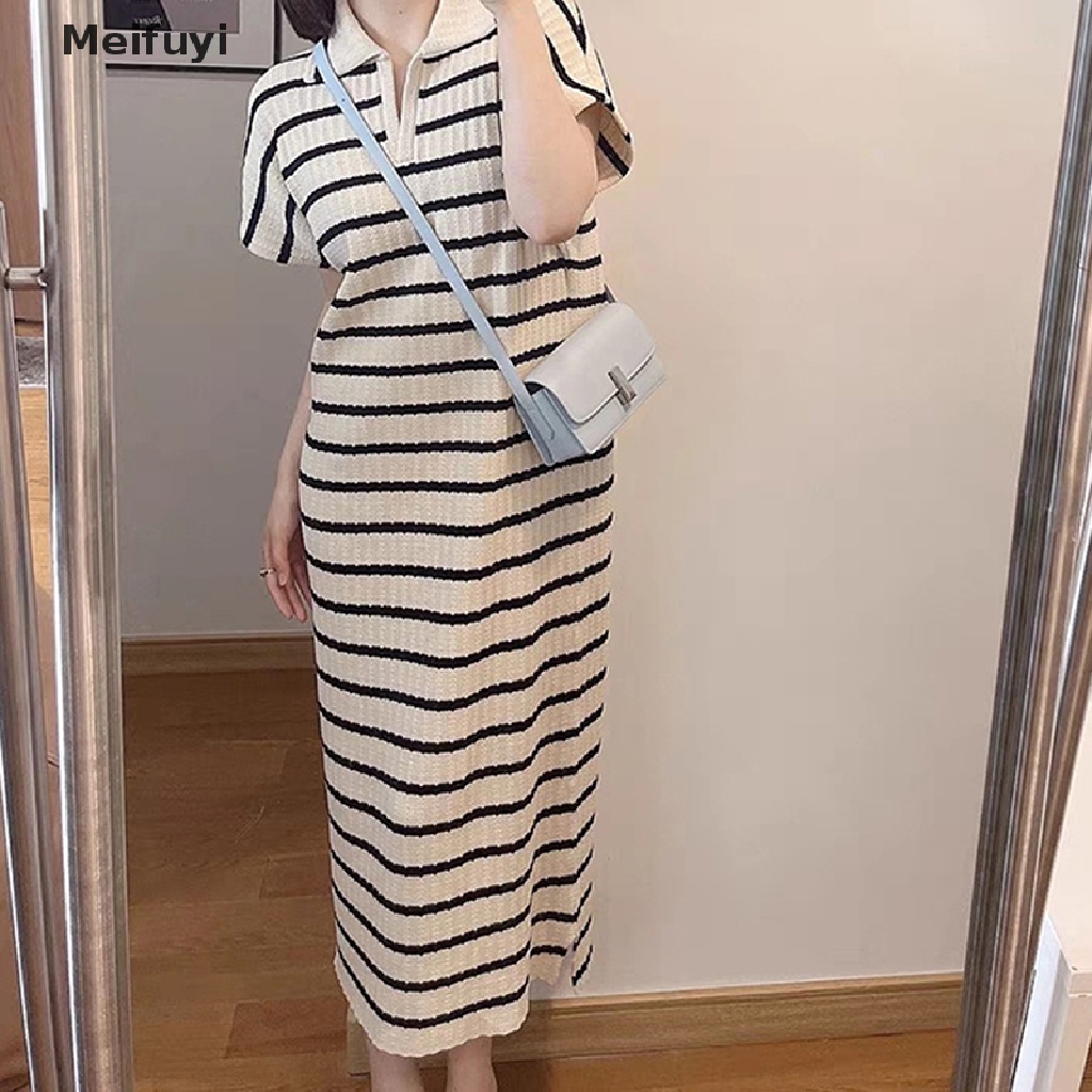 Đầm Thun Dài Cổ Chữ V Tay Ngắn Dáng Rộng Họa Tiết Kẻ Sọc Đơn Giản Thời Trang Cho Nữ