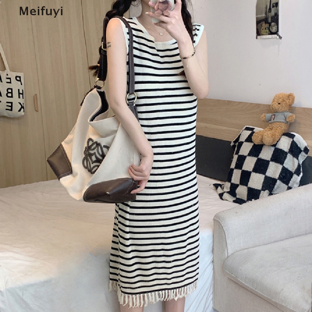 Đầm Midi Không Tay Dáng Suông Họa Tiết Kẻ Sọc Phối Tua Rua Phong Cách Hàn Quốc Cổ Điển Thời Trang Mùa Hè Cho Nữ
