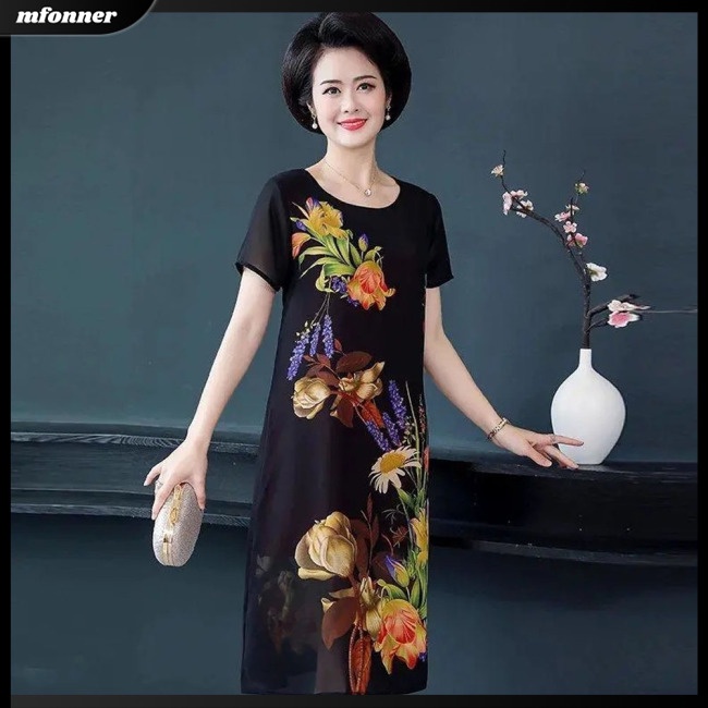 Đầm Tay Ngắn Cổ Tròn Dáng Rộng In Họa Tiết Thời Trang Sang Trọng Cho Phụ Nữ Trung Niên