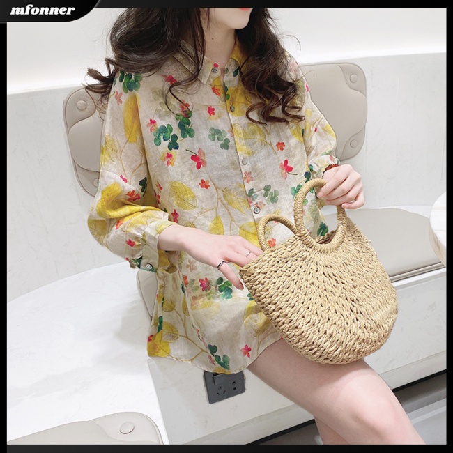 Áo Sơ Mi Tay Phồng 3 / 4 Bằng Cotton Thân Thiện Với Da Thoáng Khí In Họa Tiết Hoa Cho Nữ