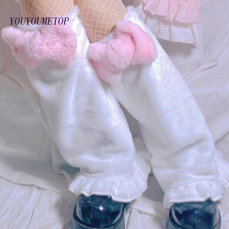 Youyo Giày Bốt Nhung Cao Đến Đầu Gối Phối Lông Xù Đính Nơ Phong Cách Harajuku Lolita Ngọt Ngào Giữ Ấm Mùa Đông Cho Nữ