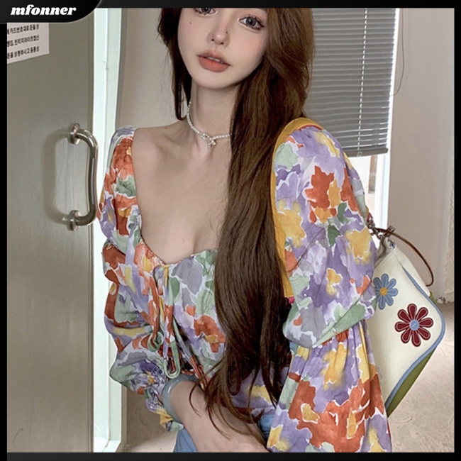 Áo Kiểu Tay Phồng Cổ Thuyền In Họa Tiết Hoa Thắt Nơ Xinh Xắn Thời Trang Cho Nữ