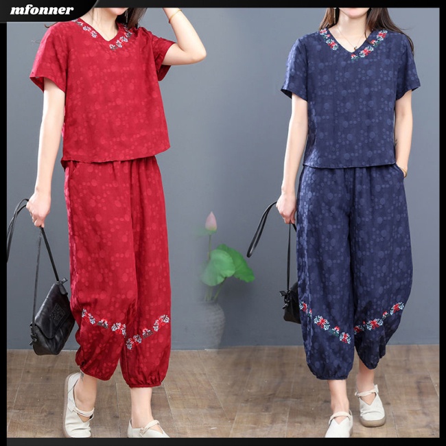 Set Đồ Hai Mảnh Áo Tay Ngắn Màu Trơn In Họa Tiết Kích Thước Lớn Cho Nữ