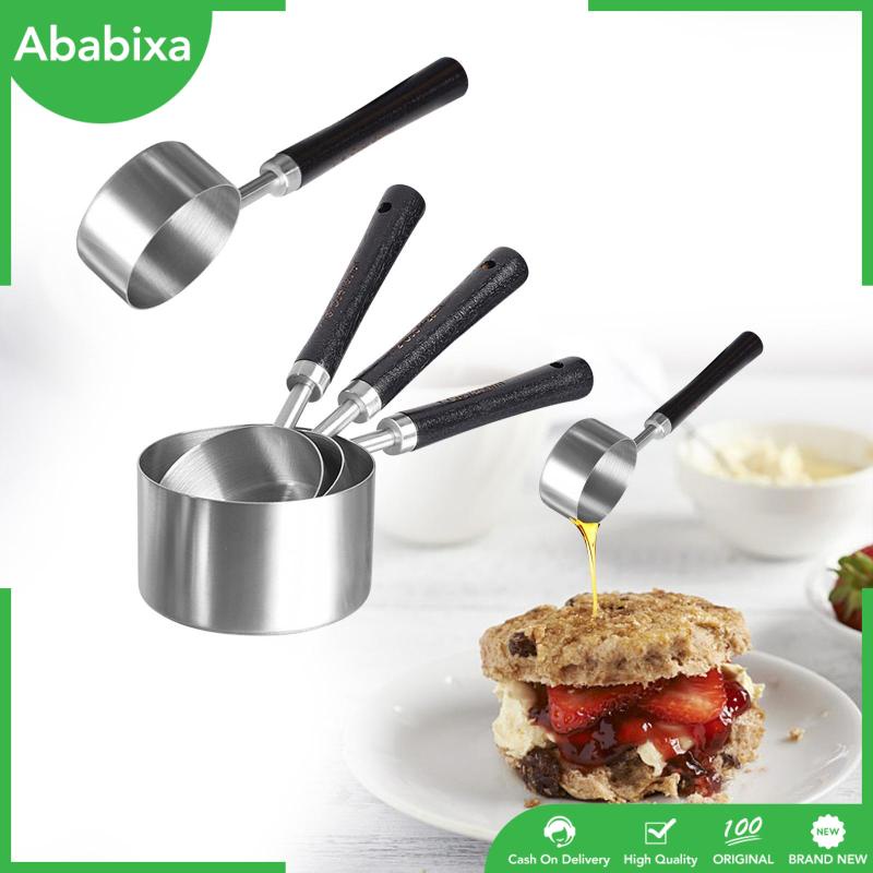 Bộ 4 Cốc Đo Lường Bằng Thép Không Gỉ Với Tay Cầm Bằng Gỗ Tiện Dụng Cho Nhà Bếp