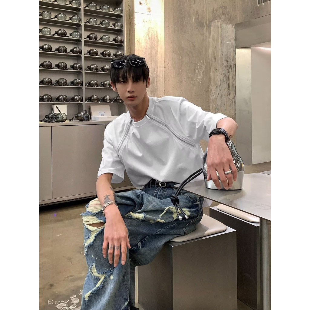 Áo Thun Tay Ngắn Dáng Rộng Cổ Tròn Có Khóa Kéo Phong Cách Hàn Quốc Thời Trang Cho Nam