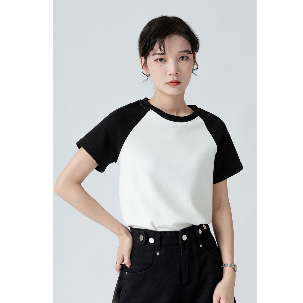 SUXI Áo Thun Cotton Cổ Tròn Dáng Ôm Màu Sắc Tương Phản Thời Trang Mùa Hè Dành Cho Nữ