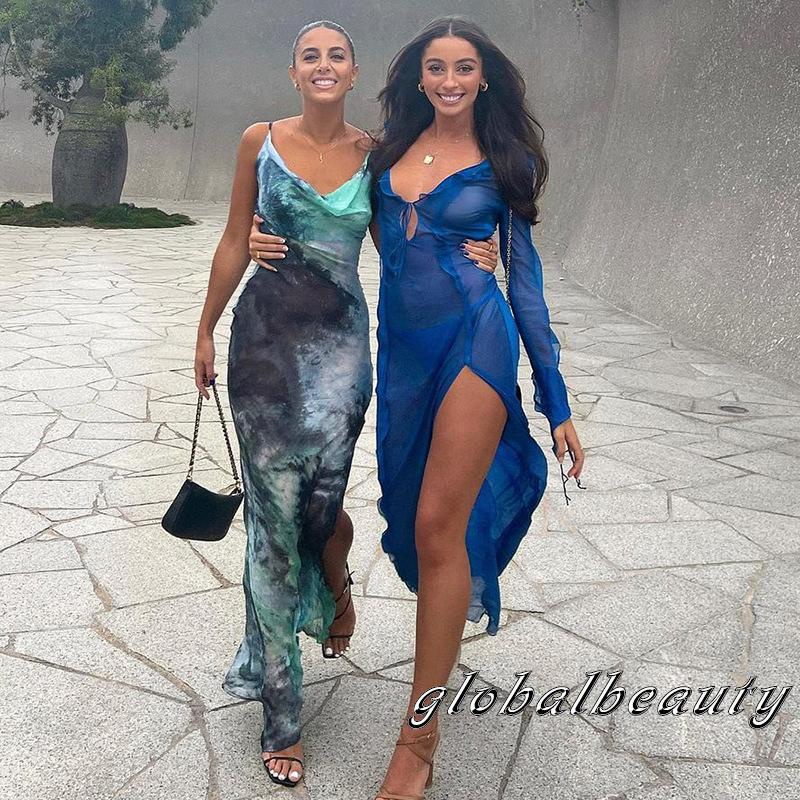 Đầm Dài Hai Dây Cổ Chữ V Họa Tiết Màu Nhuộm Ôm Dáng Gợi Cảm Cho Nữ