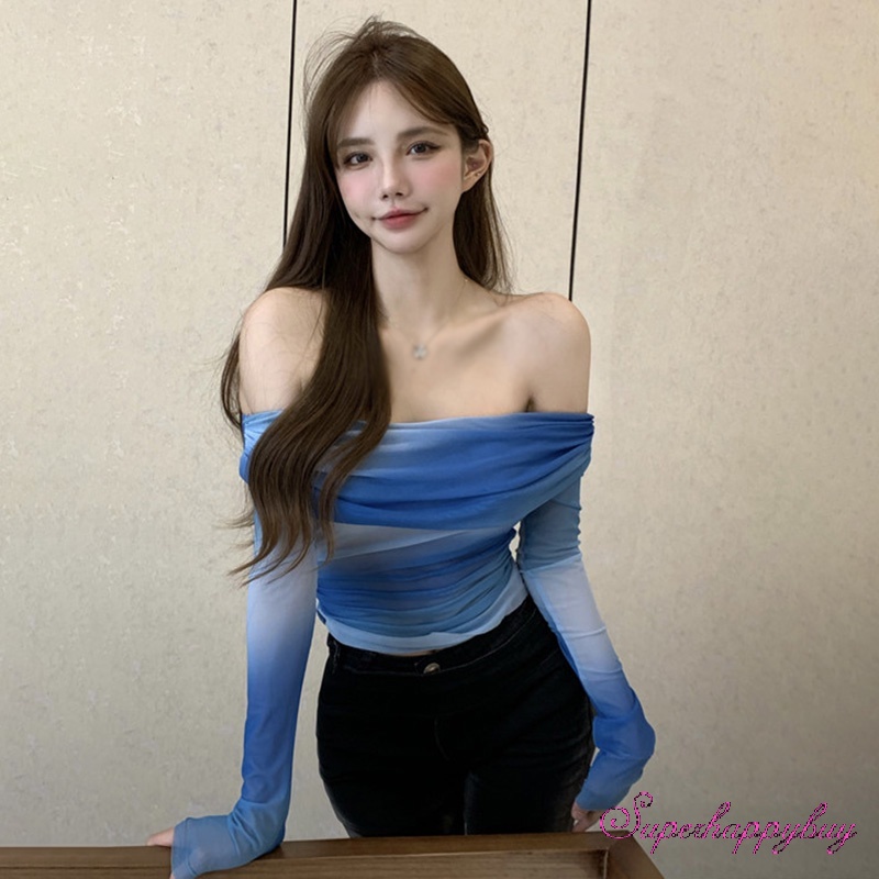 Áo Thun Tay Dài Hở Vai Màu Nhuộm Phối Lưới Thời Trang Quyến Rũ Cho Nữ