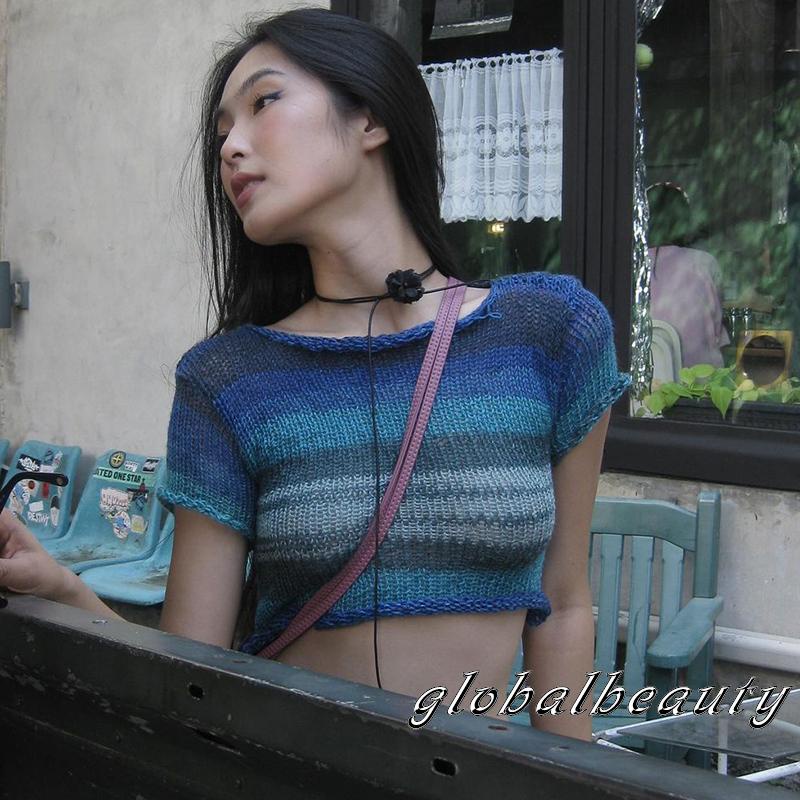 Áo Thun Croptop Tay Ngắn Cổ Tròn Dáng Ôm Họa Tiết Kẻ Sọc Thời Trang Mùa Hè Cho Nữ