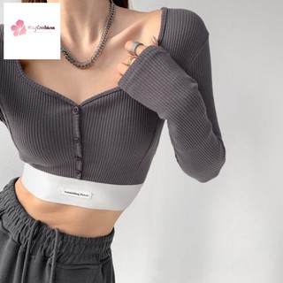 Áo Thun Tay Dài Cổ Vuông Phối Ruy Băng Màu Sắc Tương Phản Phong Cách Âu Mỹ